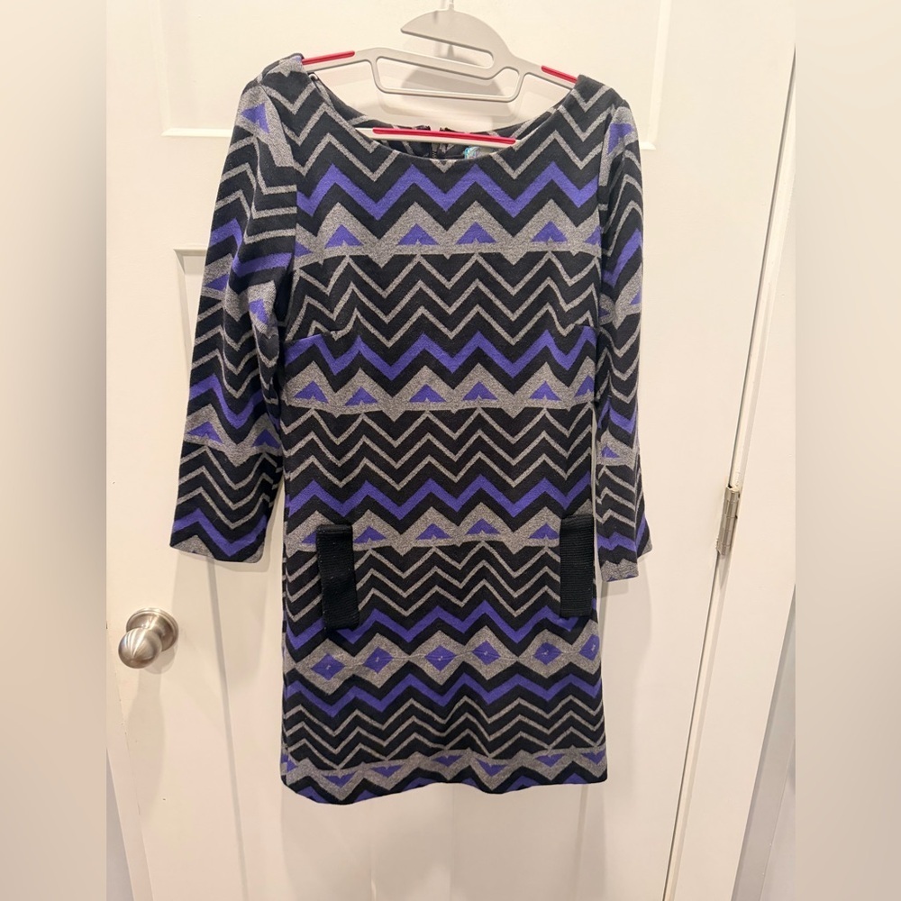 Plenty by Tracy Reese Geometric Chevron Knit Dress Size L Purple Black